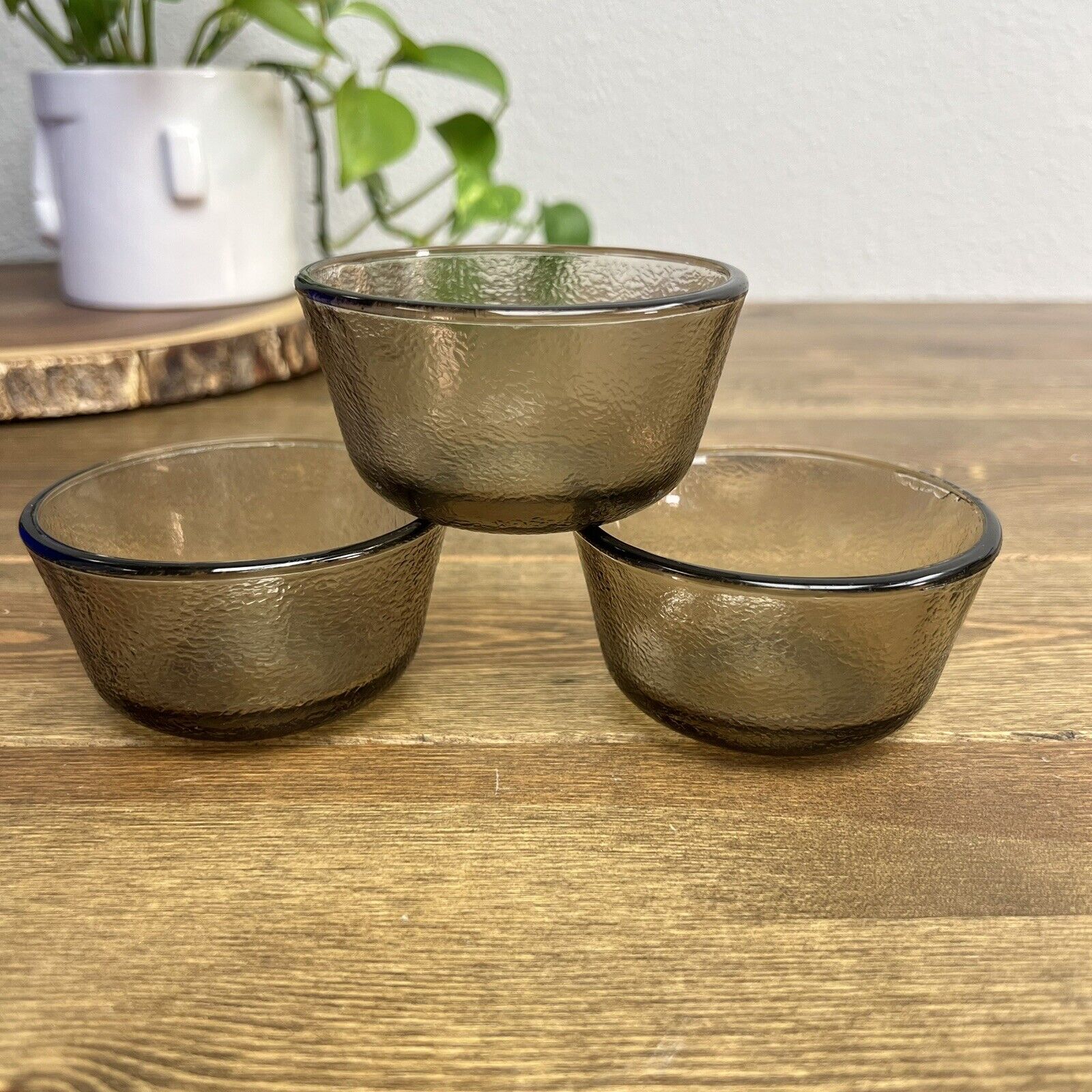 Vintage Brown Glasbake Ramekins Pebbled Texture Set of 3