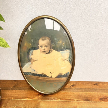 Antique  convex bubble glass gold Metal Picture FRAME & Baby Pic 20” x 14” Oval