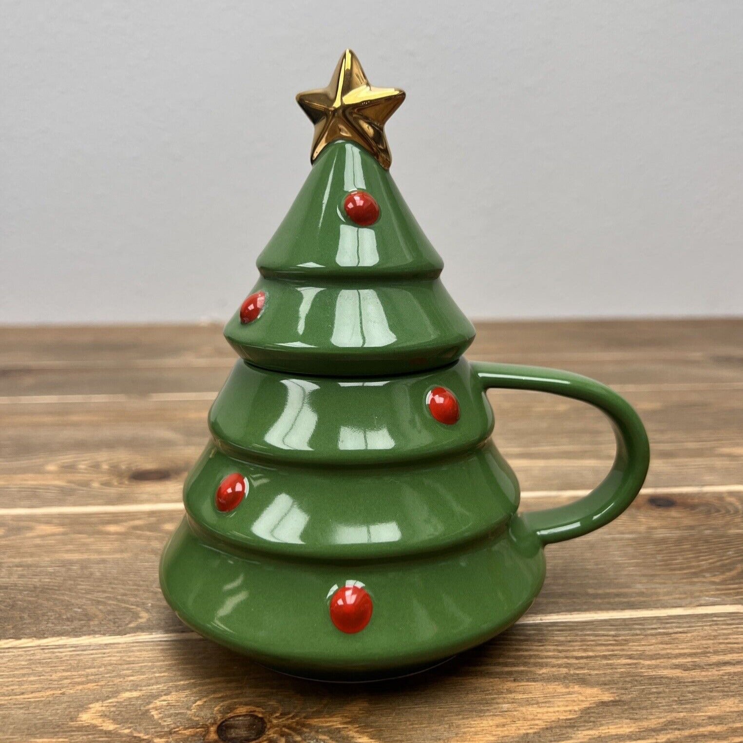 Christmas Tree Coffee Mug with “lid” by Hallmark Vintage 6 inch tall in Green