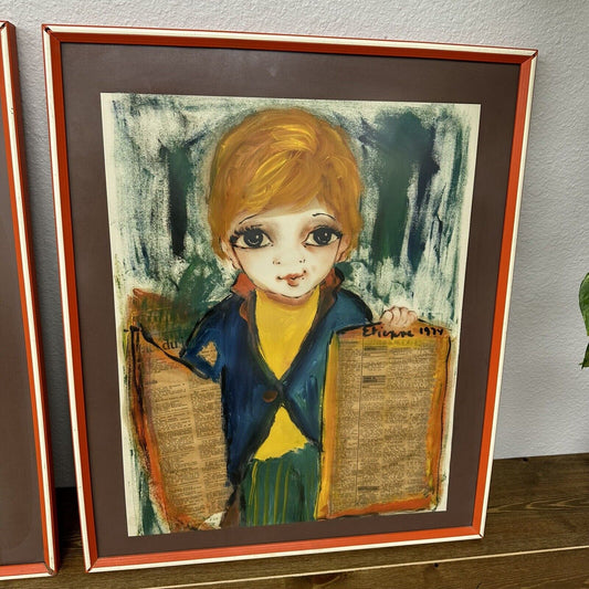 Vintage 1974 ROGER ETIENNE Big Eyes Boy & Girl Framed Mixed Media Art Paintings