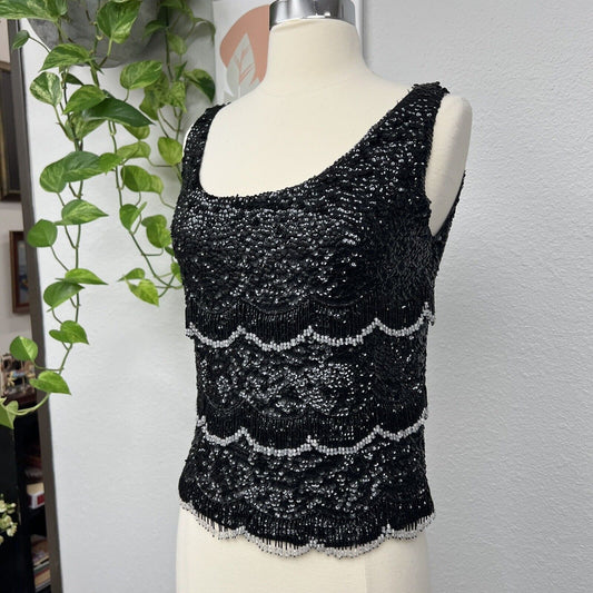 FORECAST Vintage Shirt Womens 12/L Black Sequin Tank Top Sleeveless 50s 60s