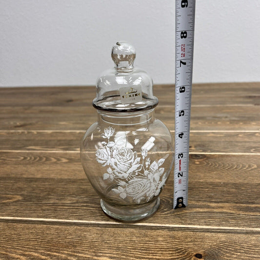 Vintage Viking Art Glass Jar with Lid Clear white Flowers