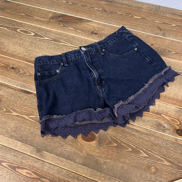 Free People Shorts Womens 27 Dark Blue Scalloped Lace Hem Zip High Rise Pocket