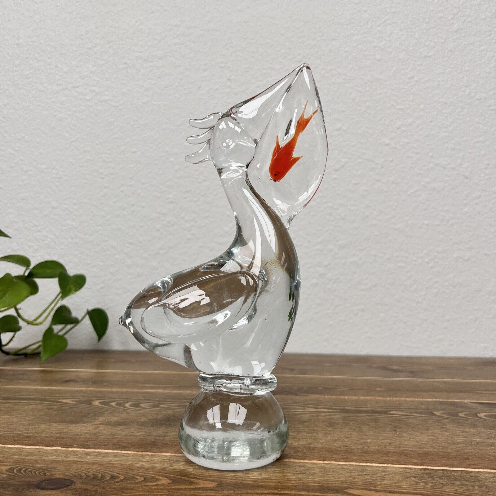 Clear Art Glass Pelican With Fish Sculpture/figurine Orange Fish