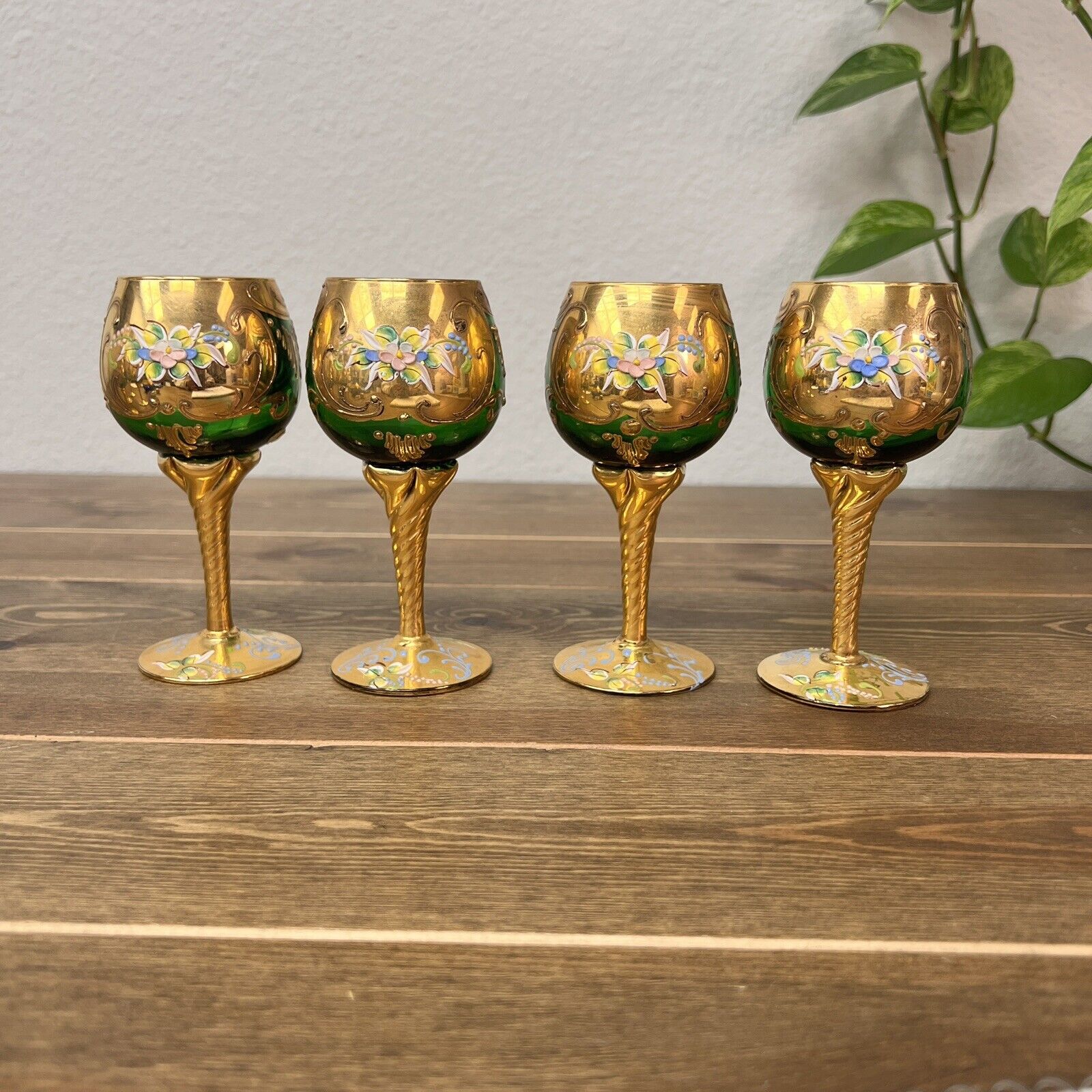 Vintage Green & Gold Leaf Sherry Glasses 3D Hand Painted Enameled Floral  -Set 4