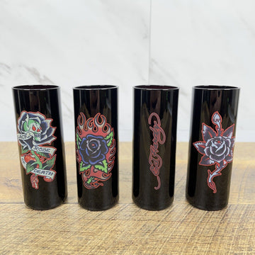 Lot of 4 DON ED HARDY Designs  Black Glasses Short Tumblers