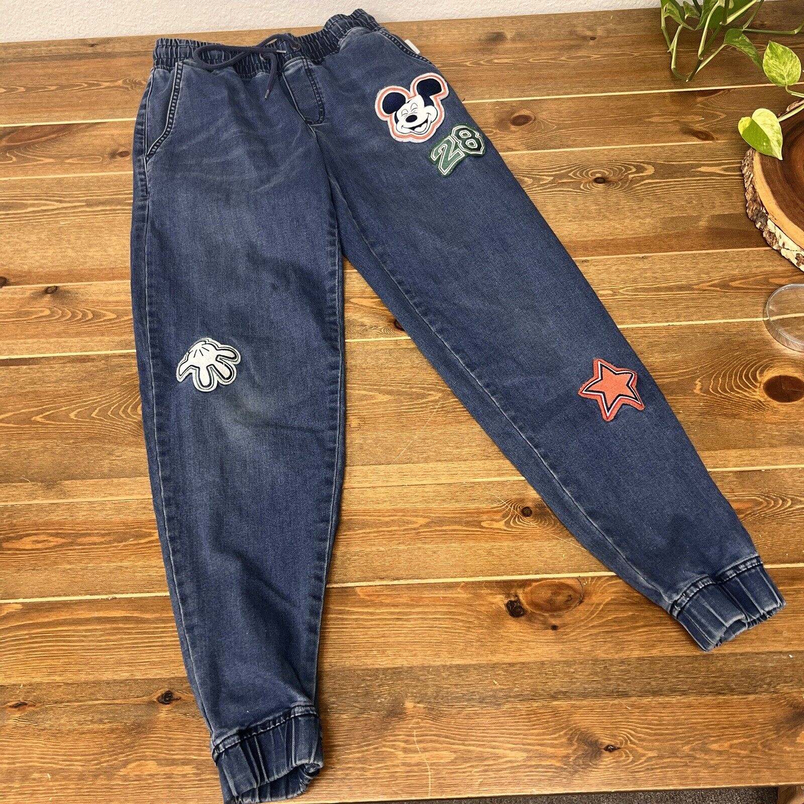 Disney Parks Her Universe Mickey Mouse Denim Pants Joggers Retro Patch SZ XS