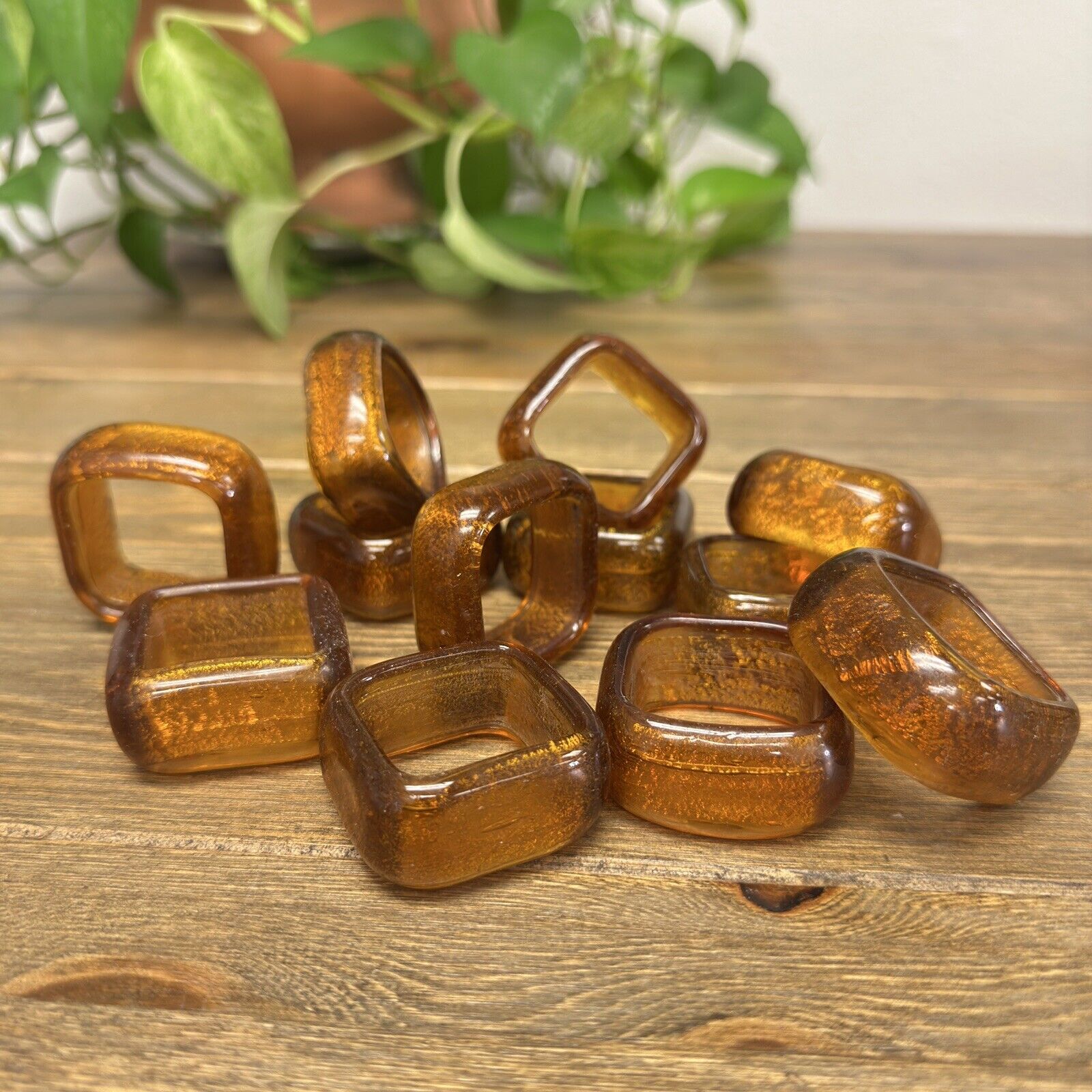 12 Vintage Amber Carmel Golden Iridescent Glass Rings Napkin Ring Holders Square