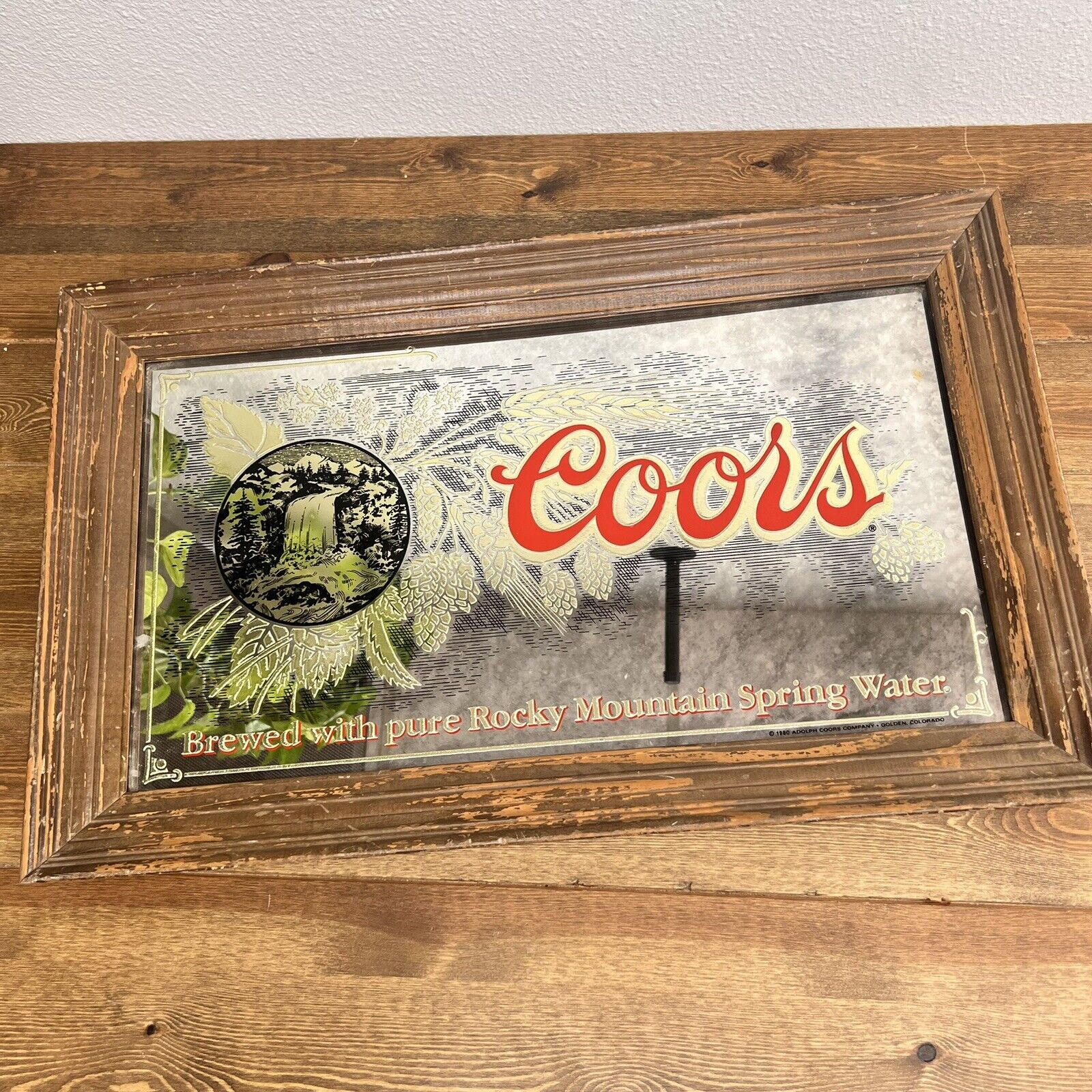 VTG 1980 Adolph Coors Company Beer Foil Bar Mirror Frame Glass Sign 26.5 x 16.5"