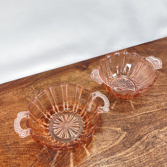 Vintage Pink Depression Glass Candy Nut Bowl Clear Handles Se Of 2