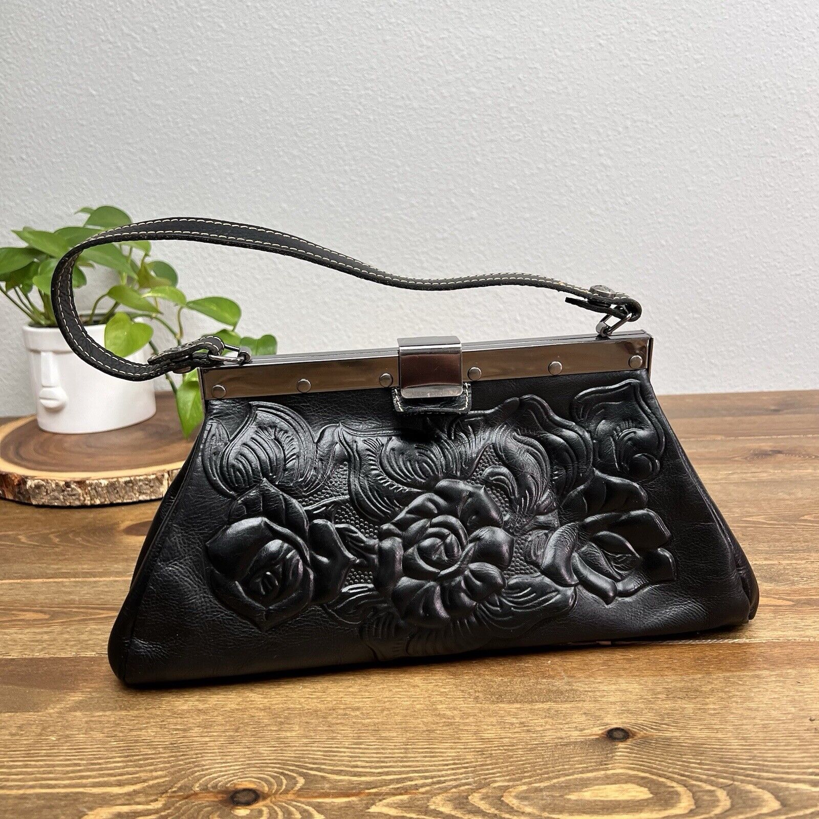 Patricia Nash Dark Blue Rose Tooled Italian Leather Frame Handbag