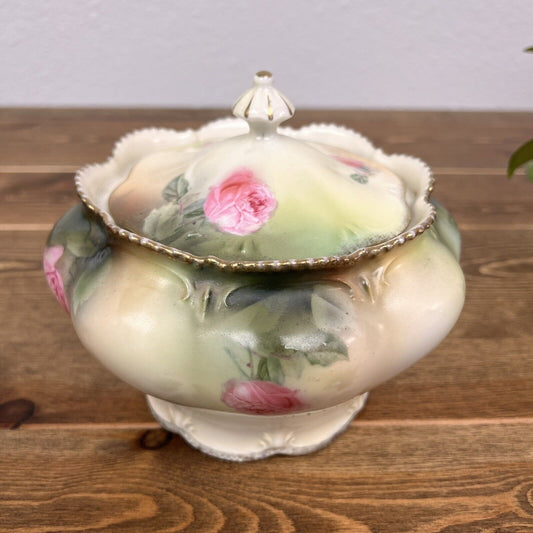 R S Prussia  Pink Roses Pattern  Cracker Jar With Lid Antique