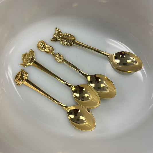 HIC Flatware Gold Electroplate 4 Demitasse Spoons Cute Handle Japan &Sugar Tongs