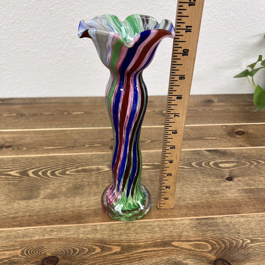 Vintage Multi Color Blue, Green, Red Glass Flower Vase Murano Style