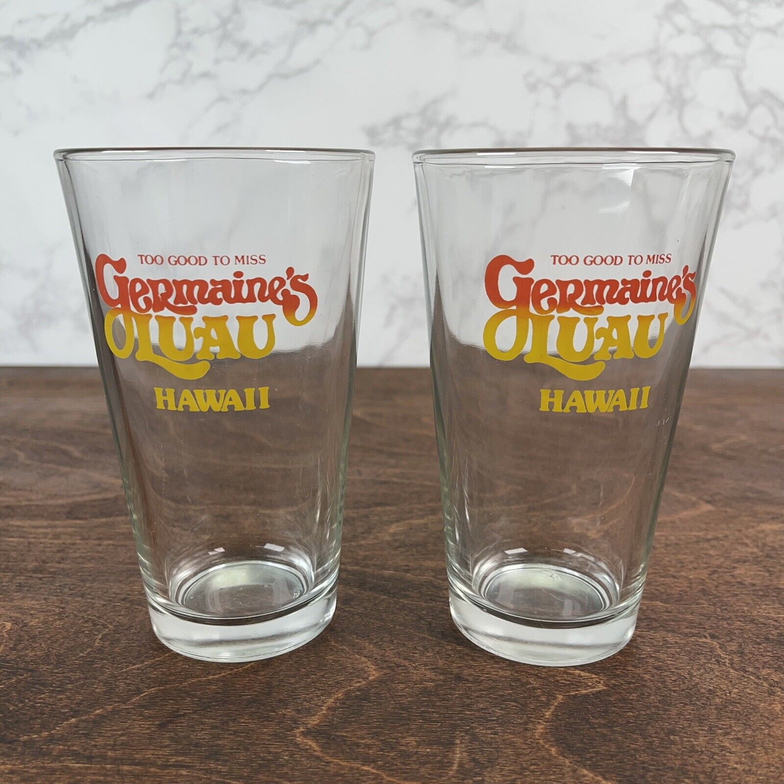 2 Germaine's Luau Hawaii Glass “TOO GOOD TO MISS” 16 oz Beer Barware