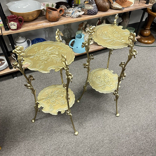 Pair of Antique Plant Stand Side Table Art Nouveau Cast Solid Brass 2-Tier