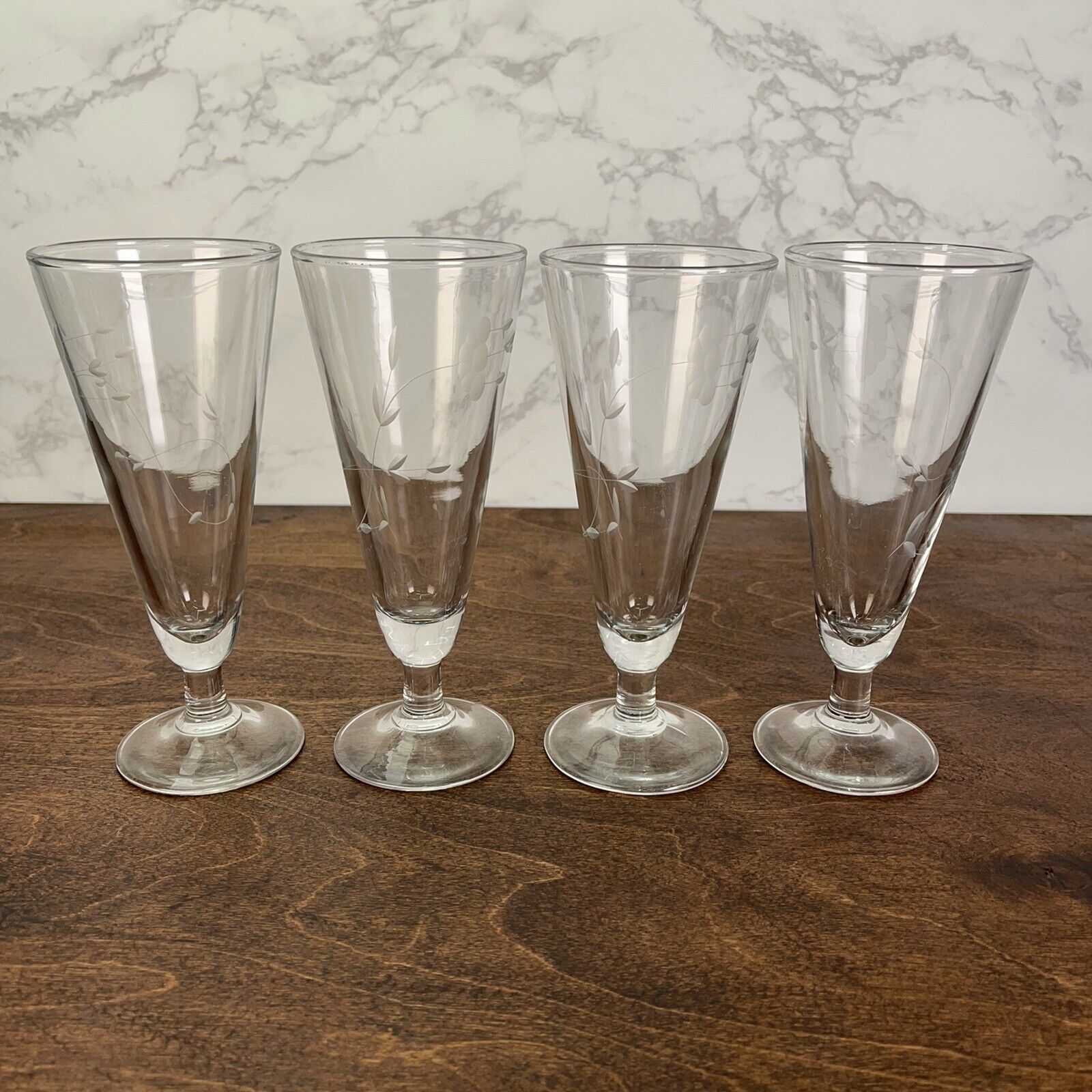 Set of 4 PRINCESS HOUSE Etched Heritage Pilsner Glasses at 7.5” Tall