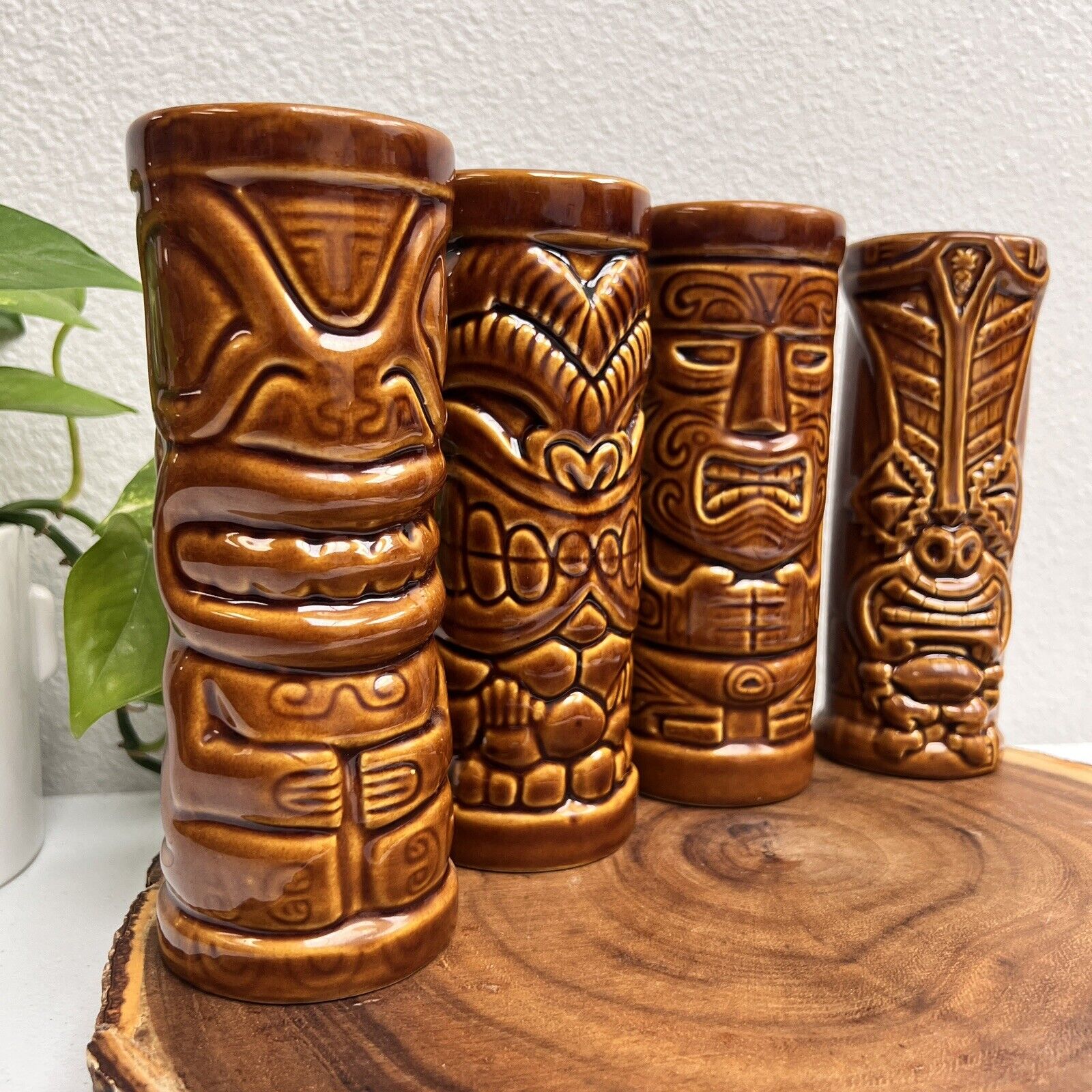 Tiki Farm 2003 Ceramic Hawaiian Totemic Mug 7" Set Of 4