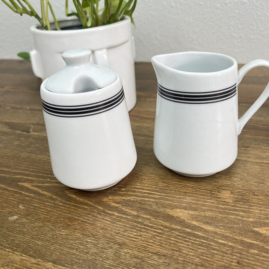 Pottery Barn Ceramic "Café" Coffee Pot Black Trim Creamer & Sugar Set