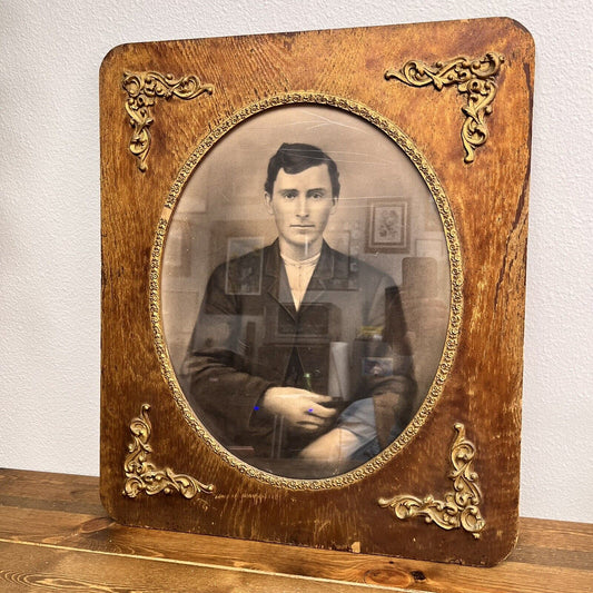 Reproduction Antique Victorian Portrait Large Wood Framed Glass Picture 26"x22"