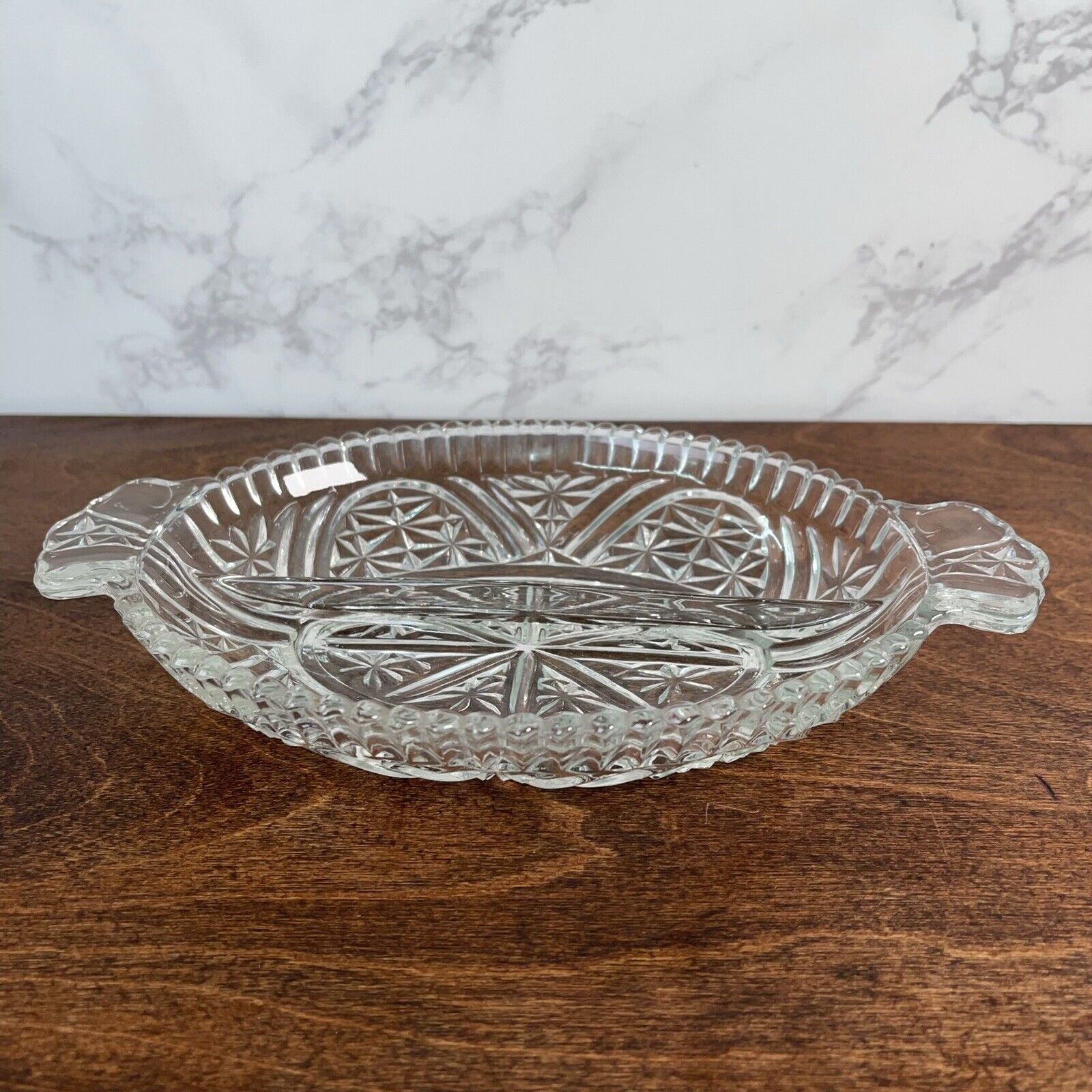 vtg pressed glass two-section relish dish tray divided