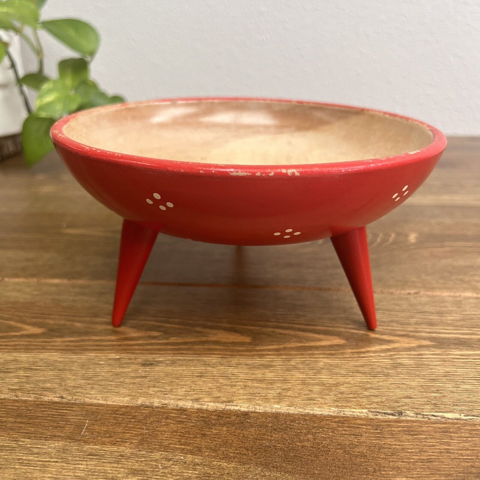 Vintage Woodpecker Woodware Tri Footed Red Atomic Wooden Bowl Dish 7.25"