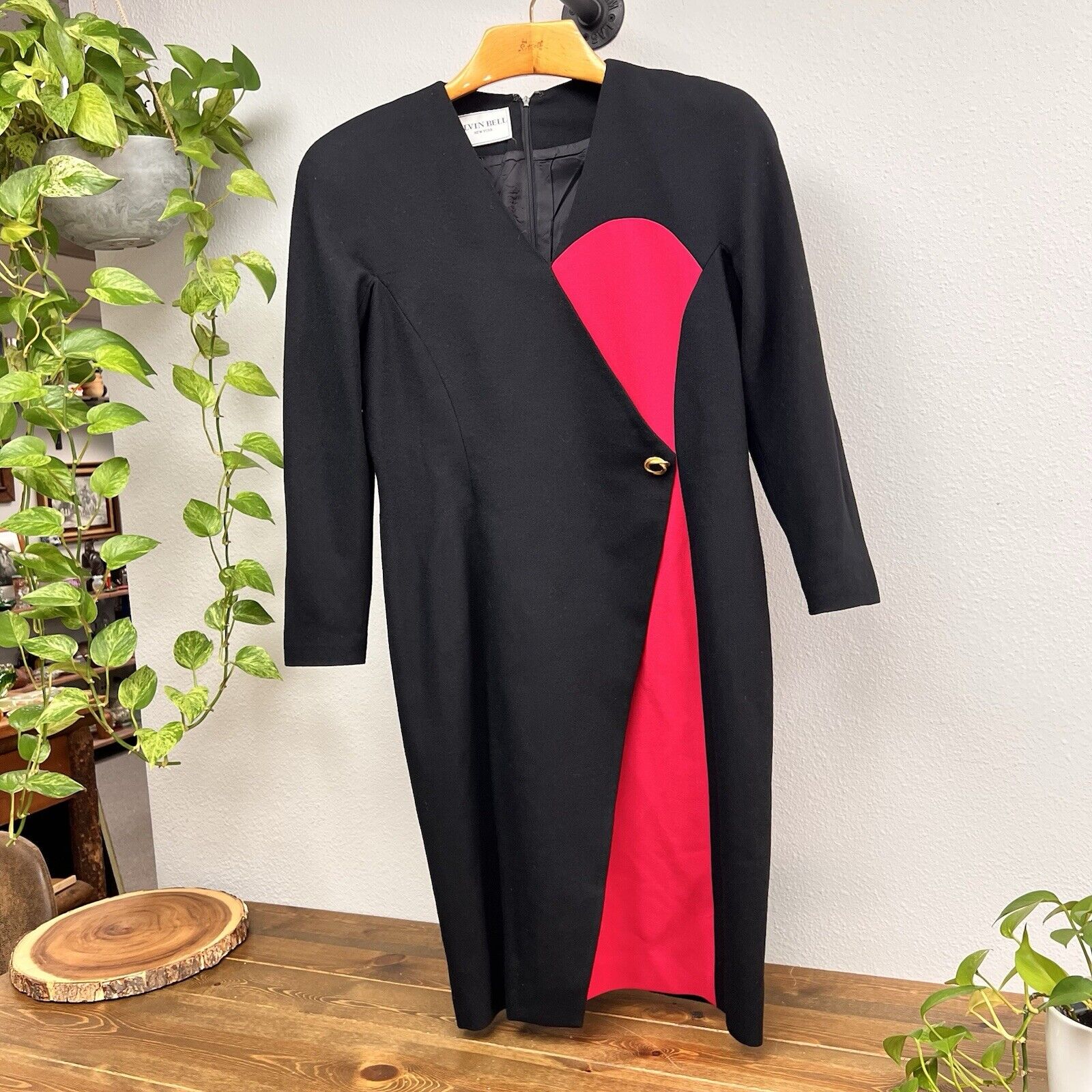 Vintage Alvin Black 100 Wool Long Sleeve Dress Size 14 Black And Bright Pink