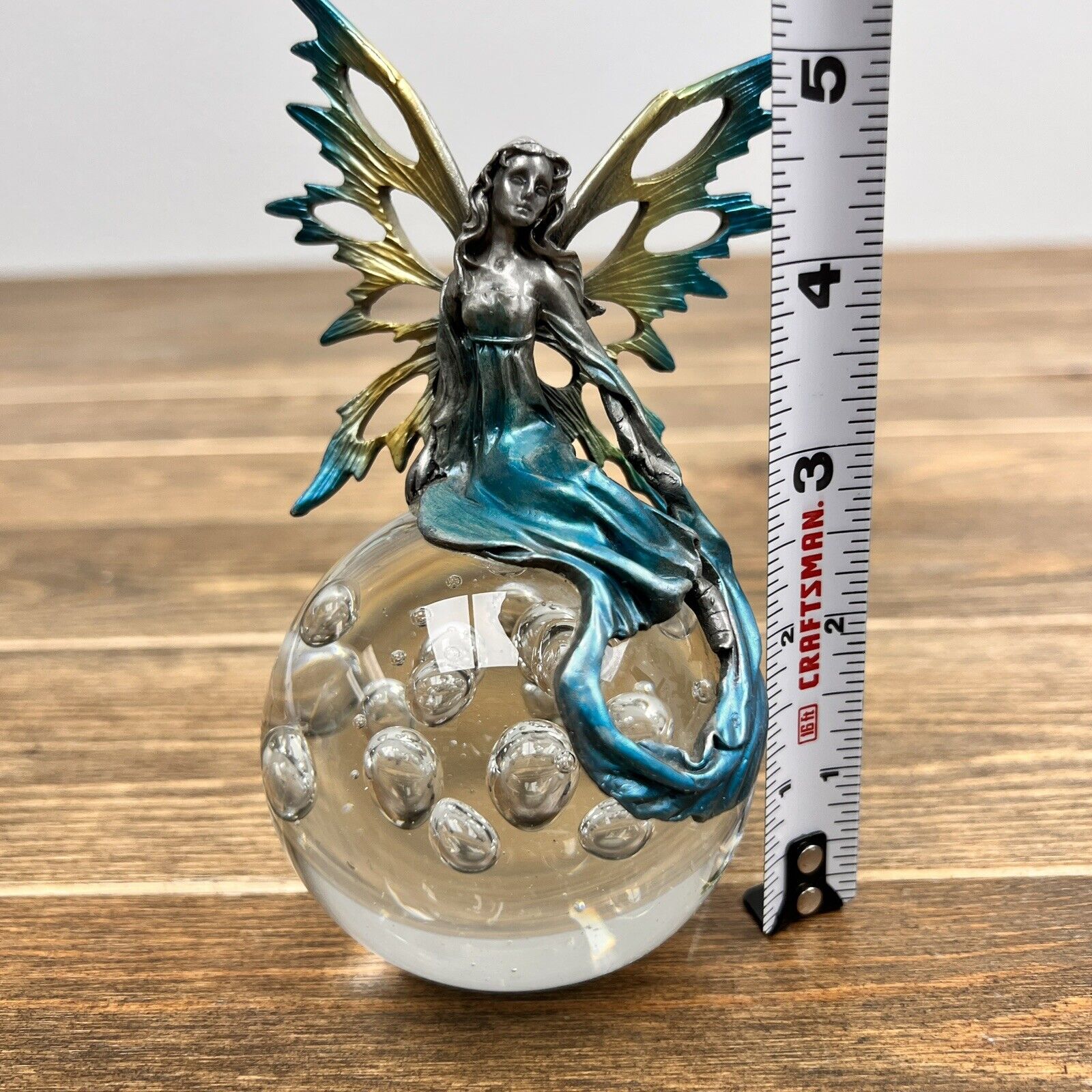 Pewter Fairy w/ Green & Yellow Wings On Bubble Glass Ball Figurine