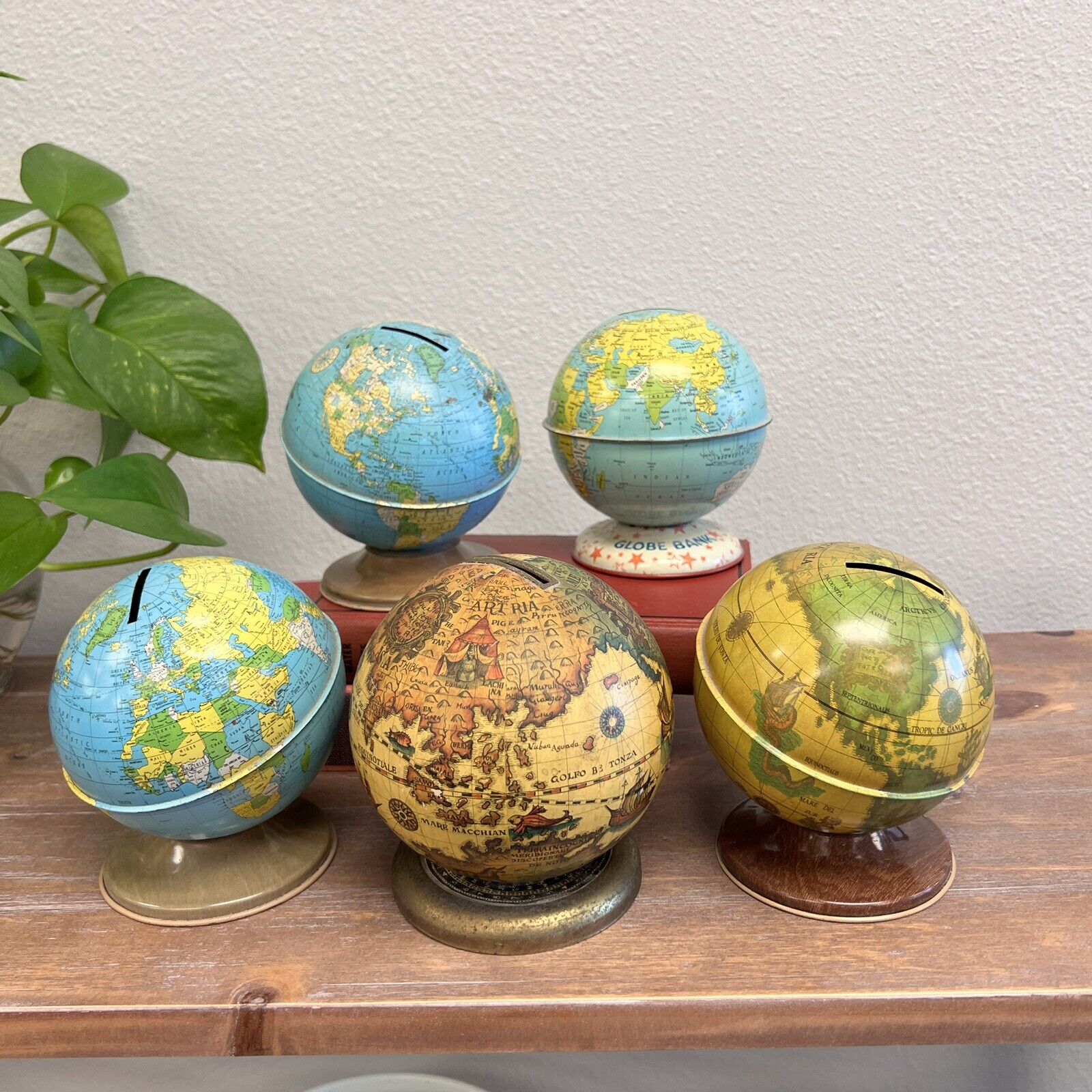 Vintage Ohio Art Globe Tin Bank - Mid Century - Various Styles Set Of 5