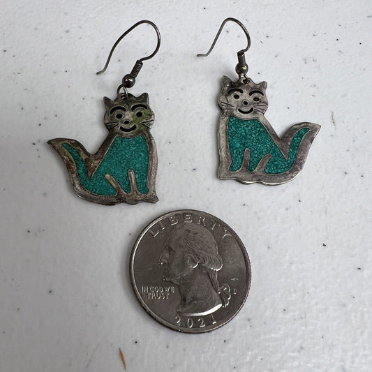 Mexico Cat Earrings Marked Alpaca Dangle Wire