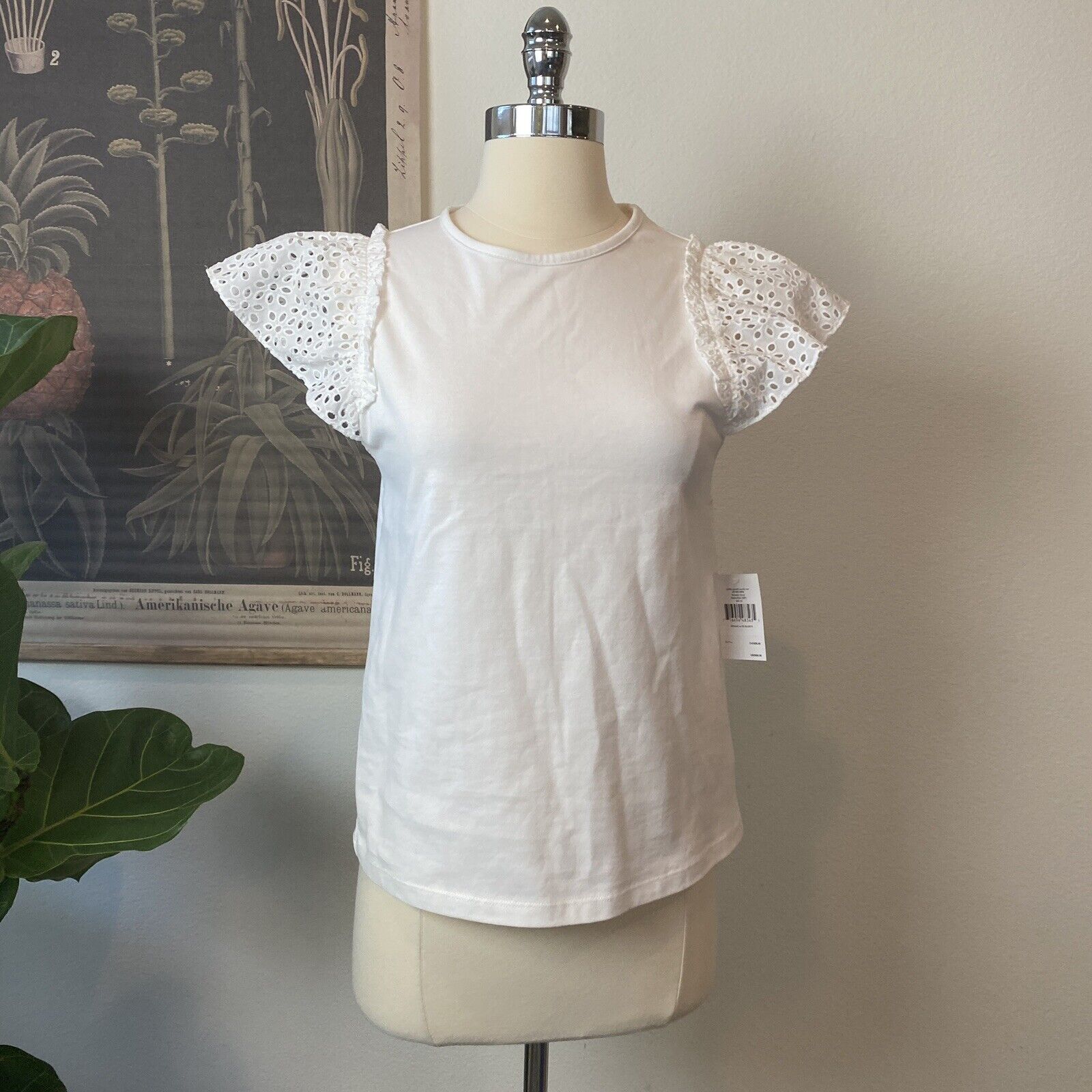 Kate Spade Womens Size XS White Eyelet Mixed Media Short Sleeve Tee