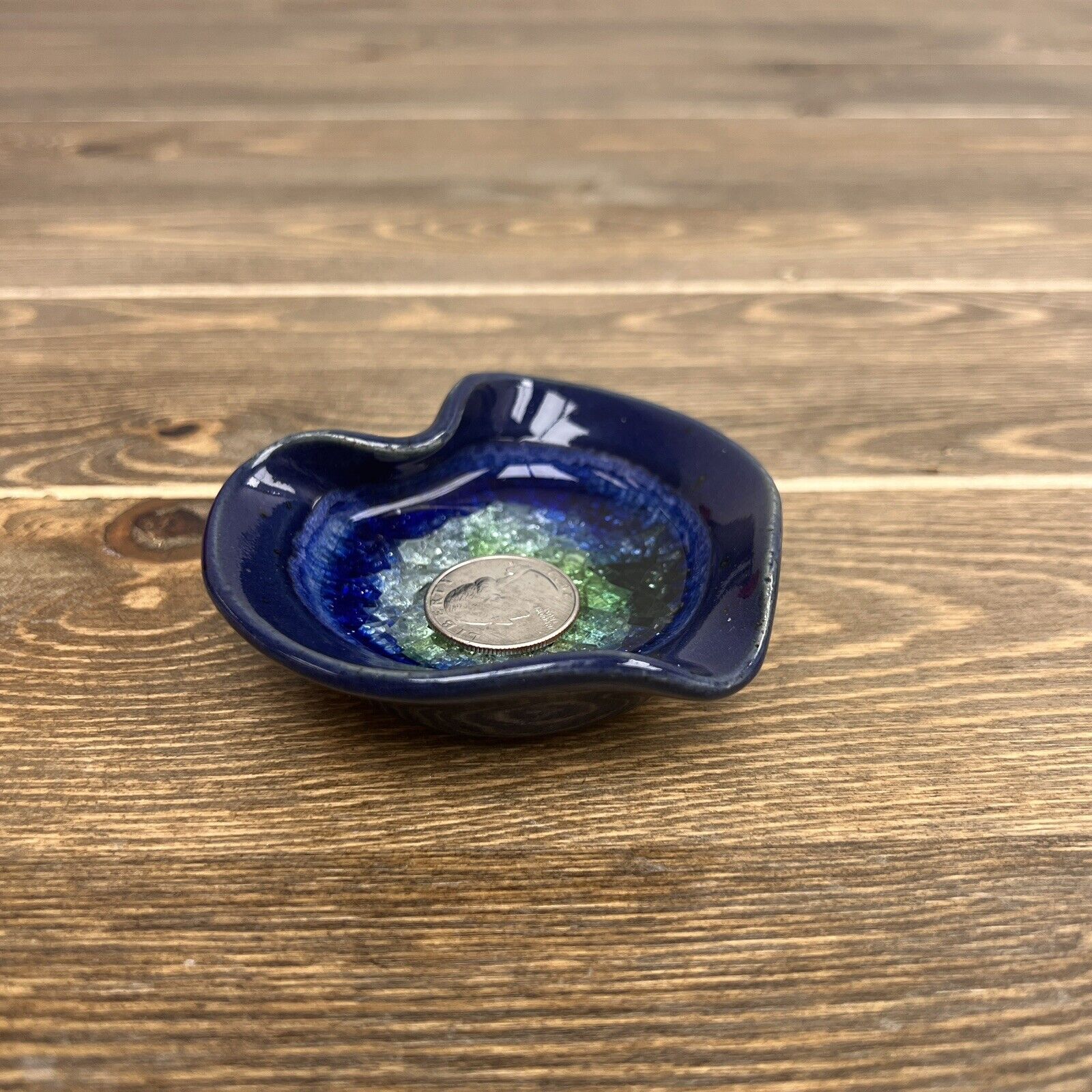 Blue and Green Ceremic &Fused Crackled Glass Pottery Heart Trinket Dish