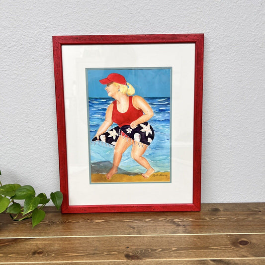 Vintage Lady Red Hat on the Beach w/ Rustic Wood Frame Signed Beach Home Decor