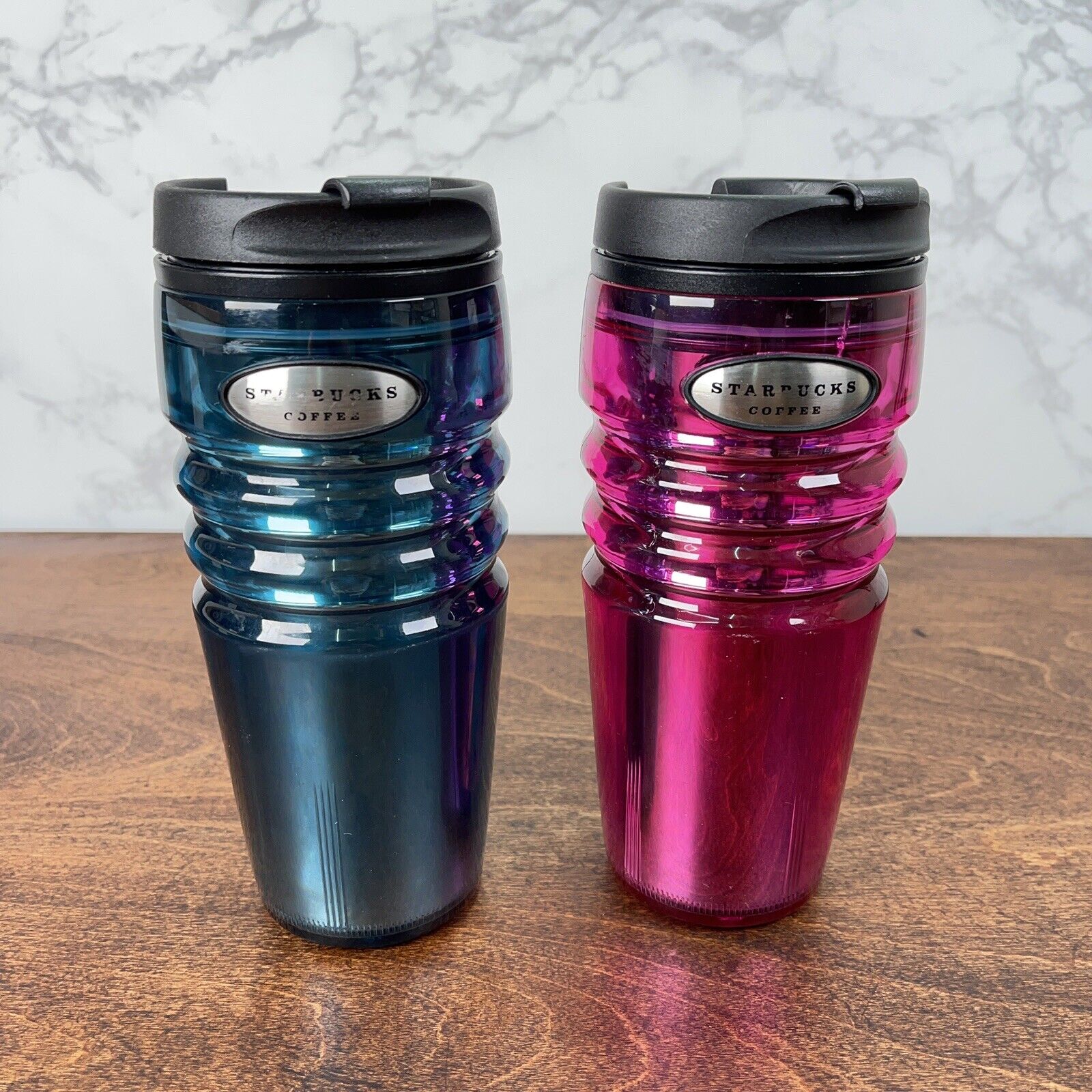 Metallic Starbucks 16oz 2004 Plastic Coffee Tea Travel Tumbler Cup Set Of 2