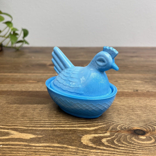 Small Blue Slag Glass Chicken Hen on Nest Small Covered Dish Christmas gift idea