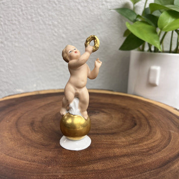 Gerold Porzellan Bavaria Putti Cherub Orchestra Tamborine on Gold Ball 4” Gift