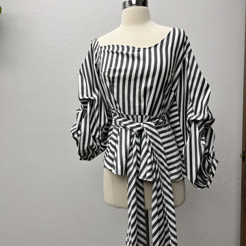 Neiman Marcus Style Keepers Glam Striped Black & White Ruffle Peplum Blouse Sz L