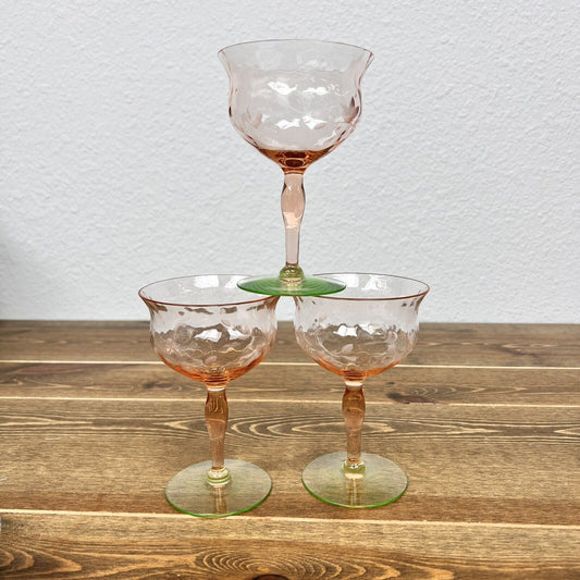 Pink Ribbed Etched Watermelon Green Uranium Base Set/3 Sherbet Glasses