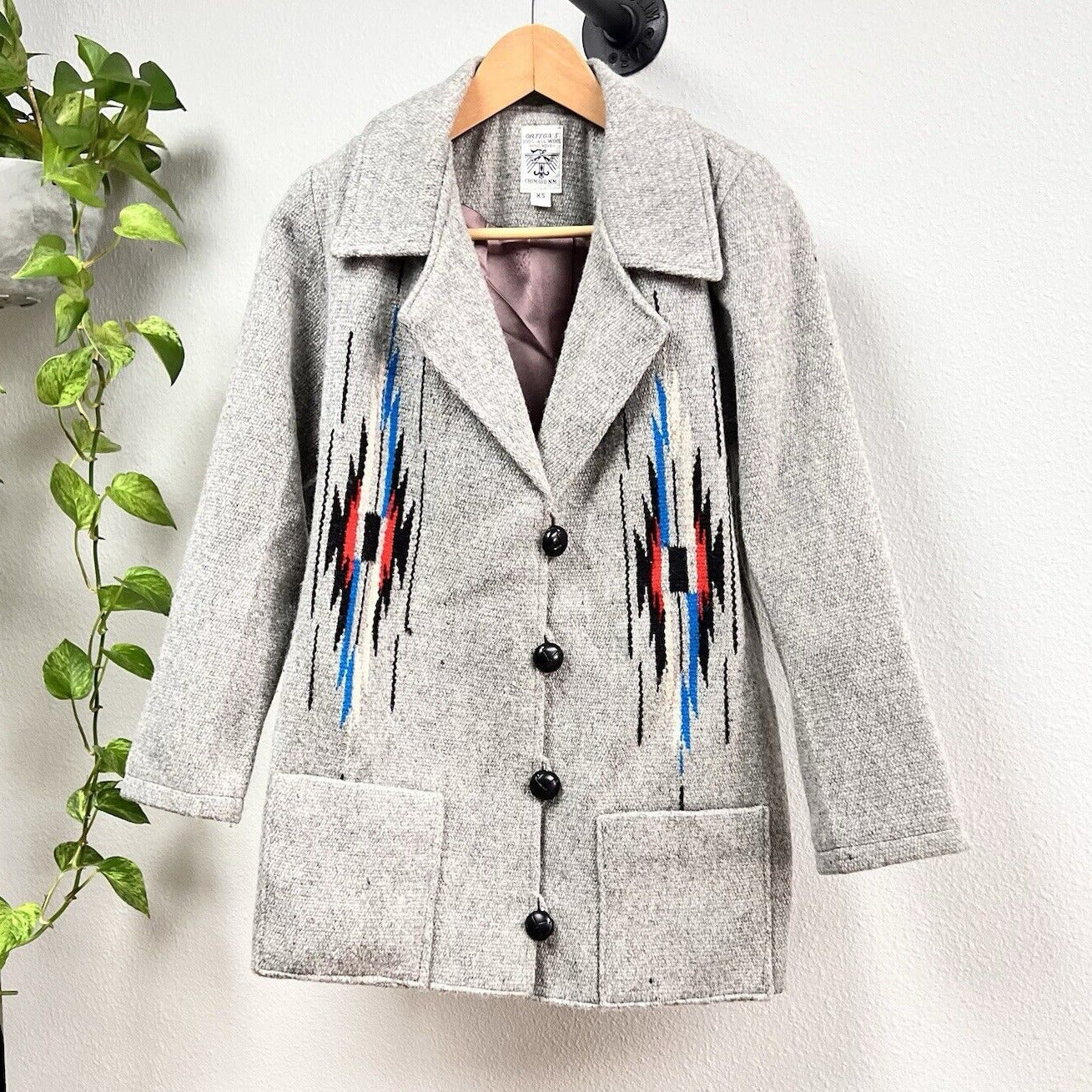 Vintage Ortega's 100% Wool Chimayo, NM Jacket Gray Hand Woven Southwestern Sz XS