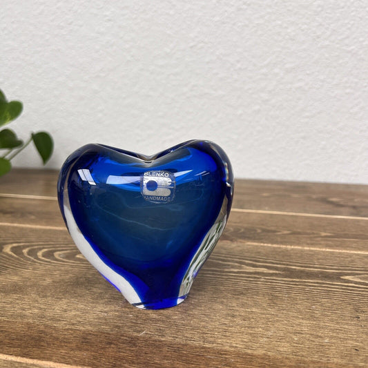 Blenko Cobalt Blue Heart Bud Vase Hand Blown Glass with Original Sticker