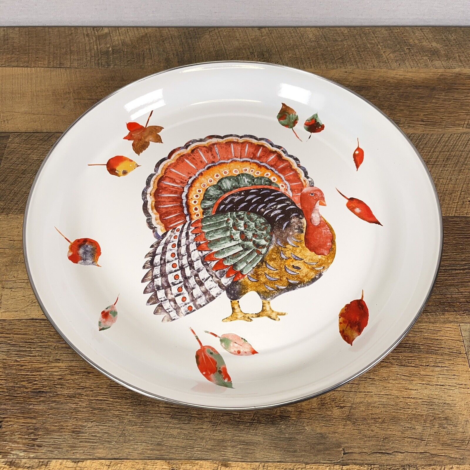 Vintage Round Enamel Tray, Fall Decor, Thanksgiving Turkey, 1990’s Hallmark