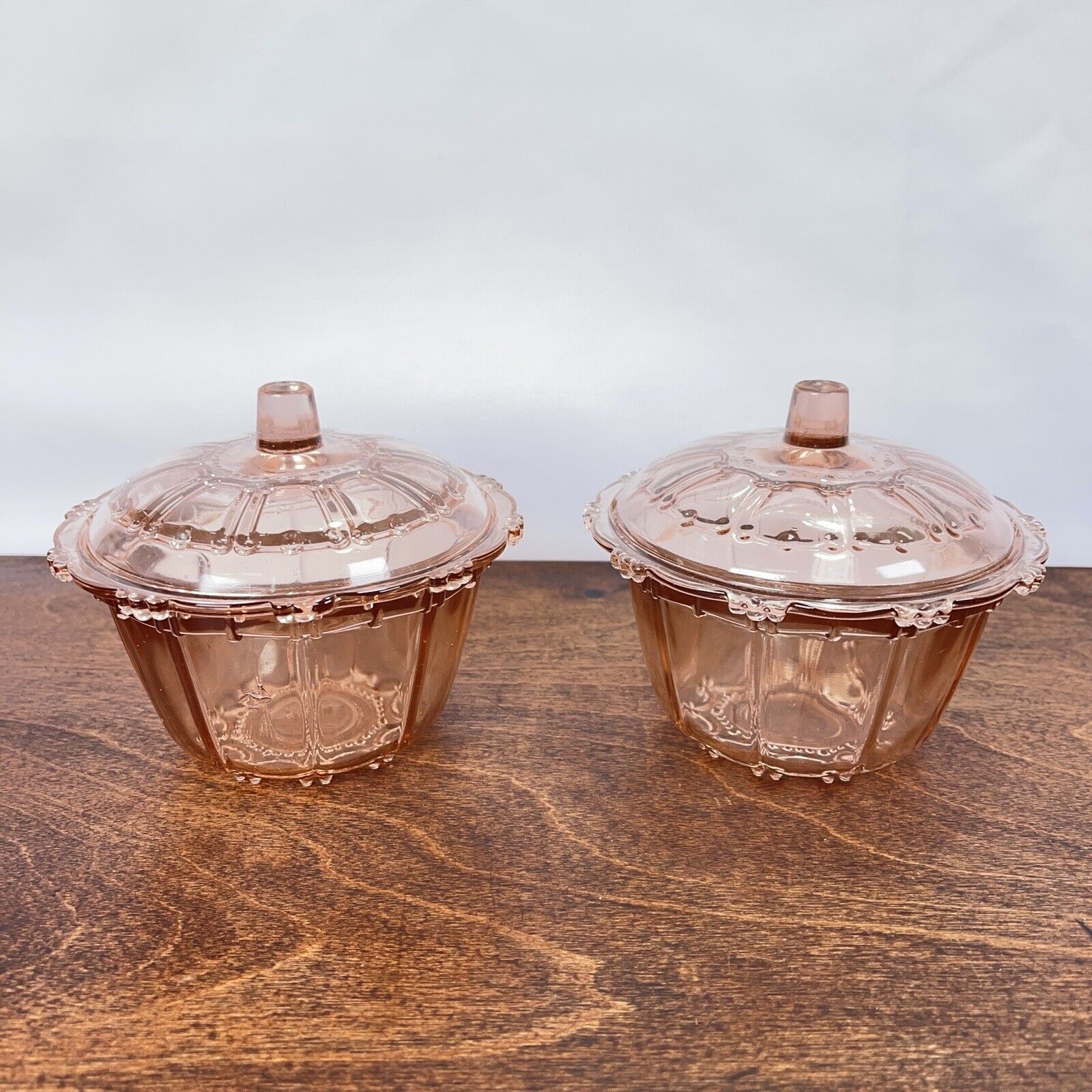 Vintage KIG Indonesia Pink Glass Lidded Candy Box Dish w/ Beaded Panels Set Of 2