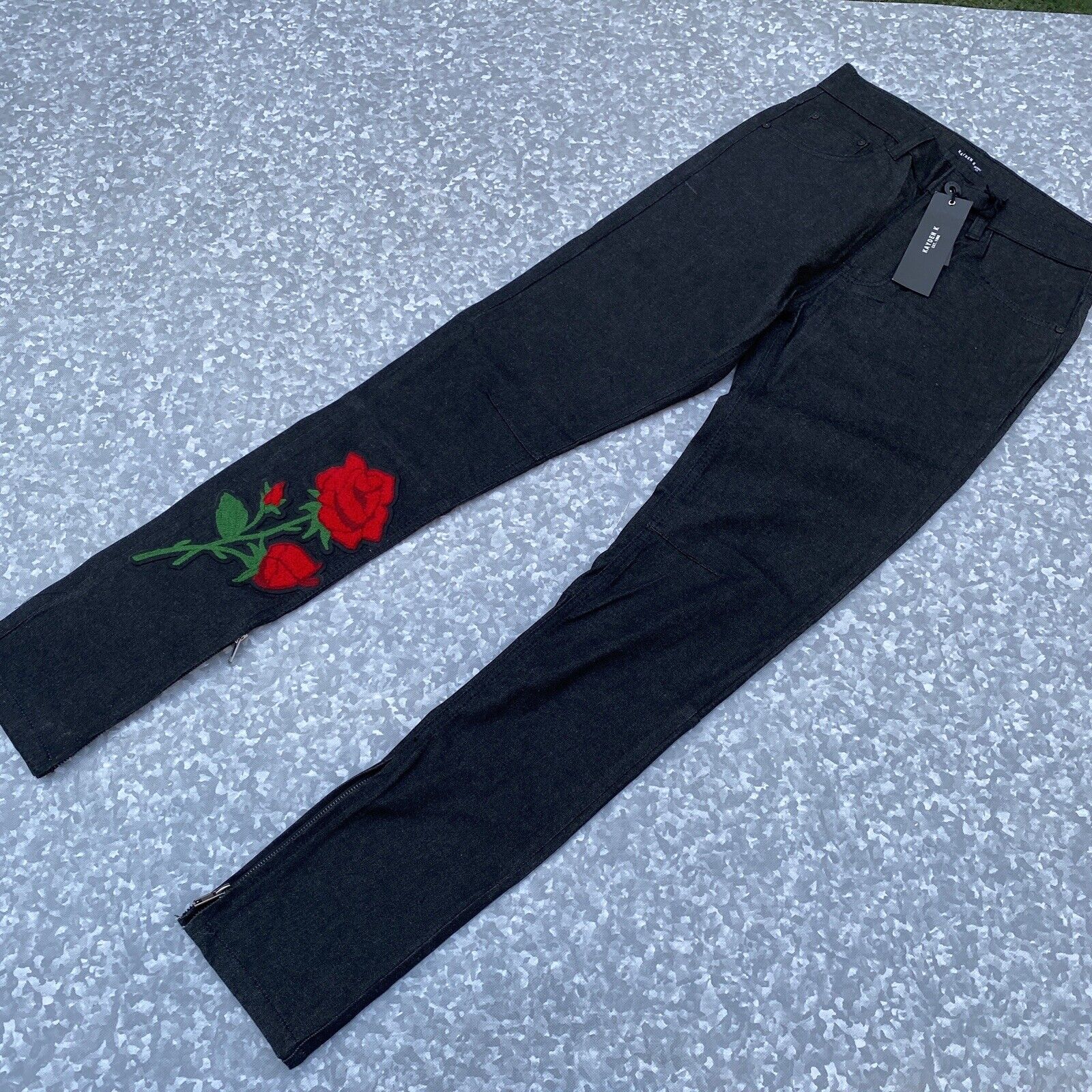 Kayden K Jeans Size 30 Raw Black SKINNY Jeans Rose Patched New