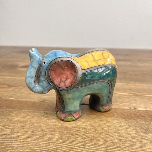 South African Raku Pottery Ceramic Elephant Blue Multi Color Handmade Signed