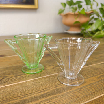 2 Vintage Sugar Cambridge Decagon Lightning Bolt Green & Clear Uranium Glass