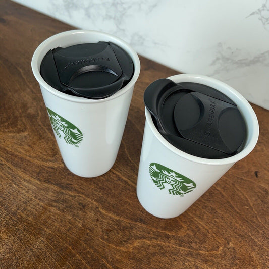 STARBUCKS Double Wall Ceramic Tumbler 10 oz White Mermaid w/ Lid - set of 2