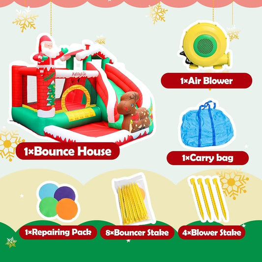 Inflatable Christmas Bounce Jumper House with Slide Santa Claus w/ Air Blower