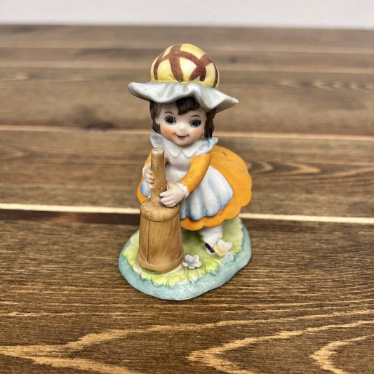 Ceramic Figurine Little Girl Churning Milk Churn Country Making Butter Vintage