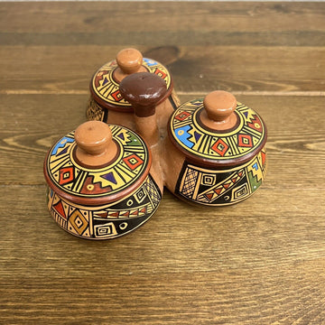 Vintage Peruvian Folk Art Red Clay Hand Painted Triple Spice w/Lids