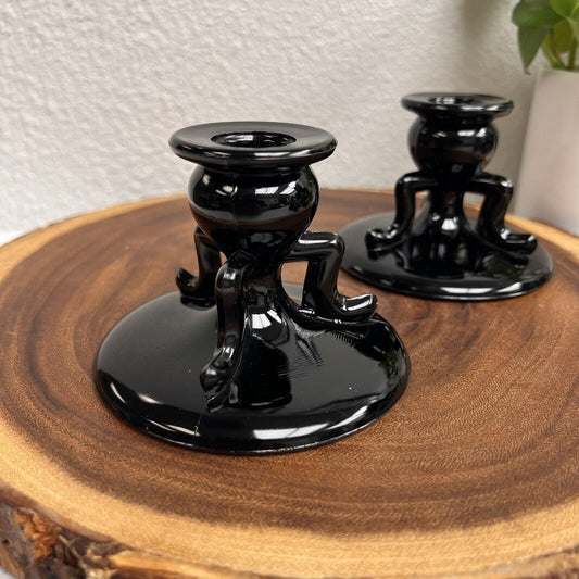 Vintage Black Depression Glass Art Deco Footed Candle Stick Holders Set of 2